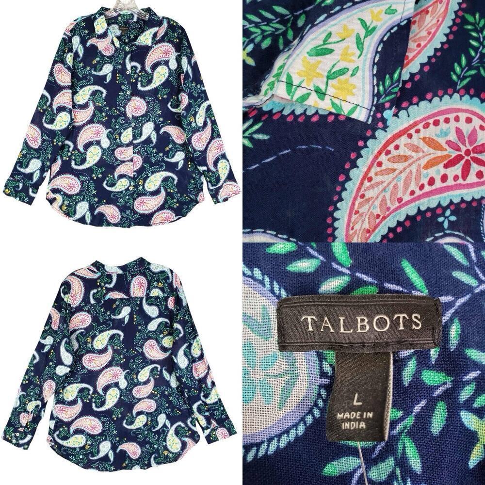 Talbots Button Up Shirt Paisley Size Large L Navy Blue Long Sleeve Cotton